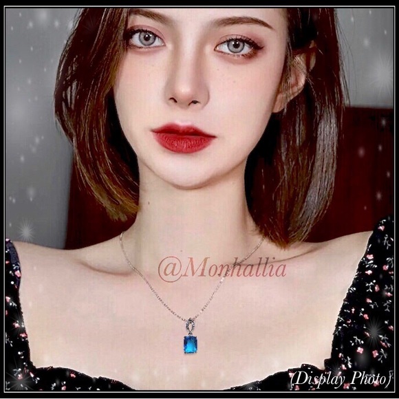 925 silver emerald cut aquamarine London blue topaz sim diamond pave necklace - Picture 5 of 5